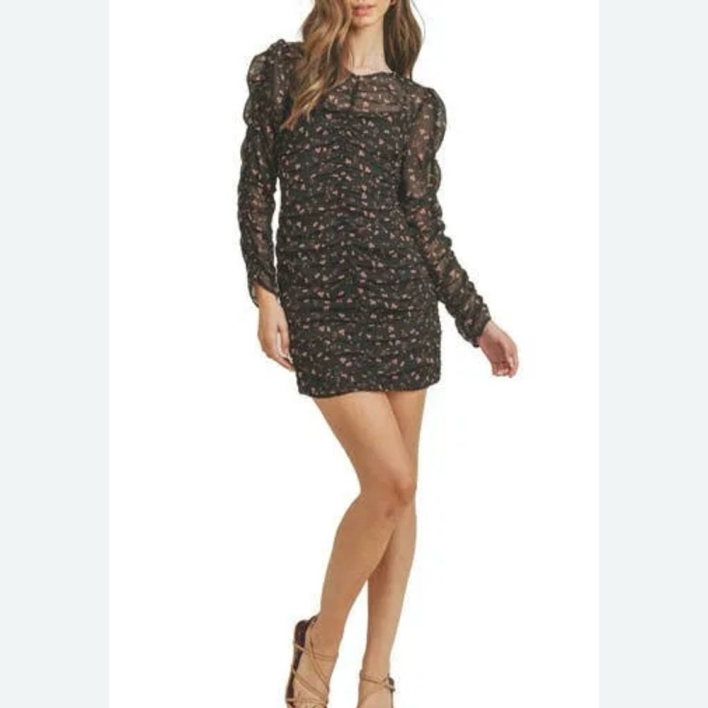 Lush Ruched Long Sleeve Floral Mini Dress Black Mauve Print Size Large